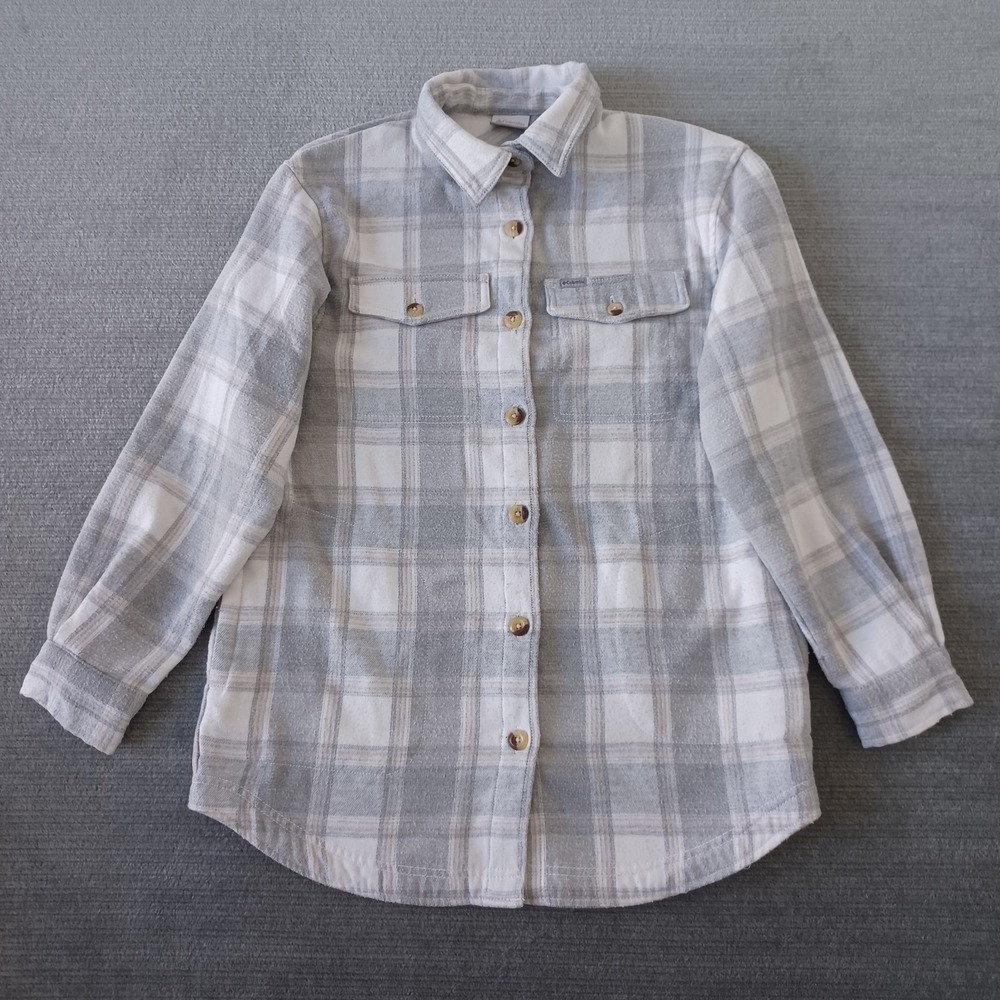 Columbia Flannel Shirt Womens Small Gray Plaid Button Up Midweight Causal Hiking